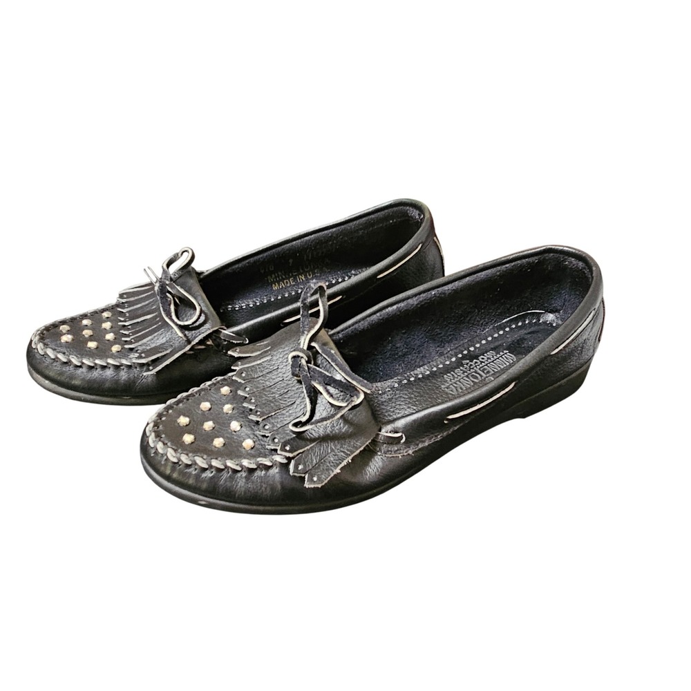 Minnetonka Moccasins‎ Black Leather Studded Fringe Loafers Women Size 9 USA Made - Picture 3 of 9